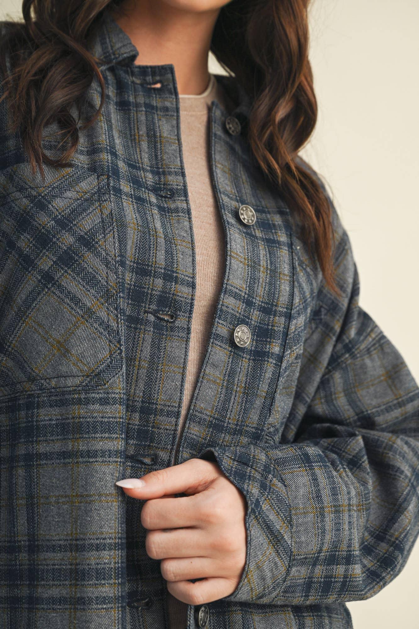 WASHED DENIM PLAID SHIRT SHACKET for wholesale on Faire7