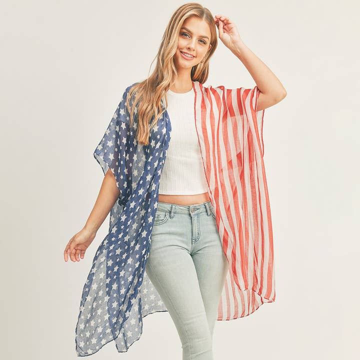 Half and Half American Flag Kimono Poncho for wholesale by Sensibling Corp.