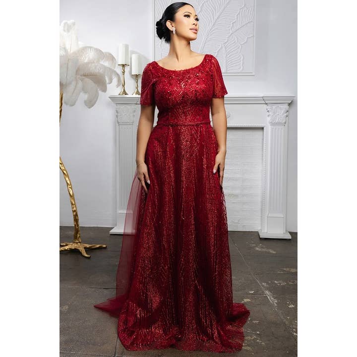 Boat Neckline Half Sleeve A Line Glitter MoB Dress for wholesale by Babyfox Apparel