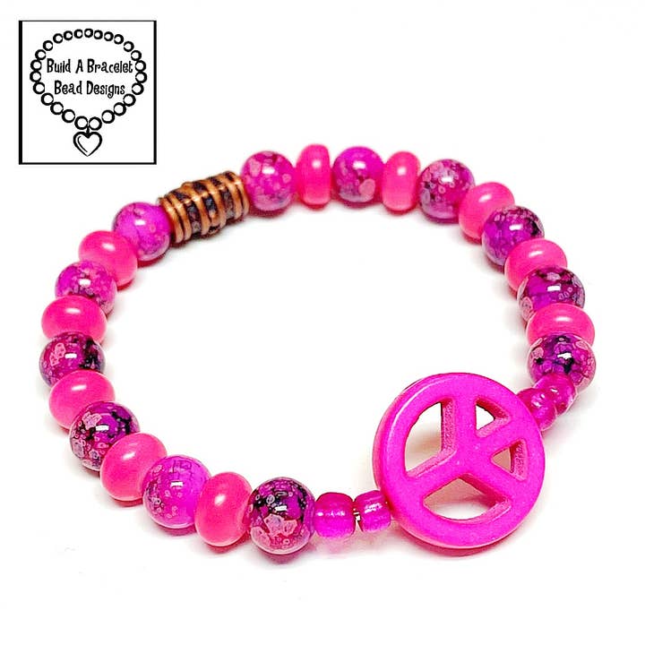 Pulsera con signo Peace ☮️ floral rosa y morado para venta al por mayor de Build A Bracelet Bead Designs