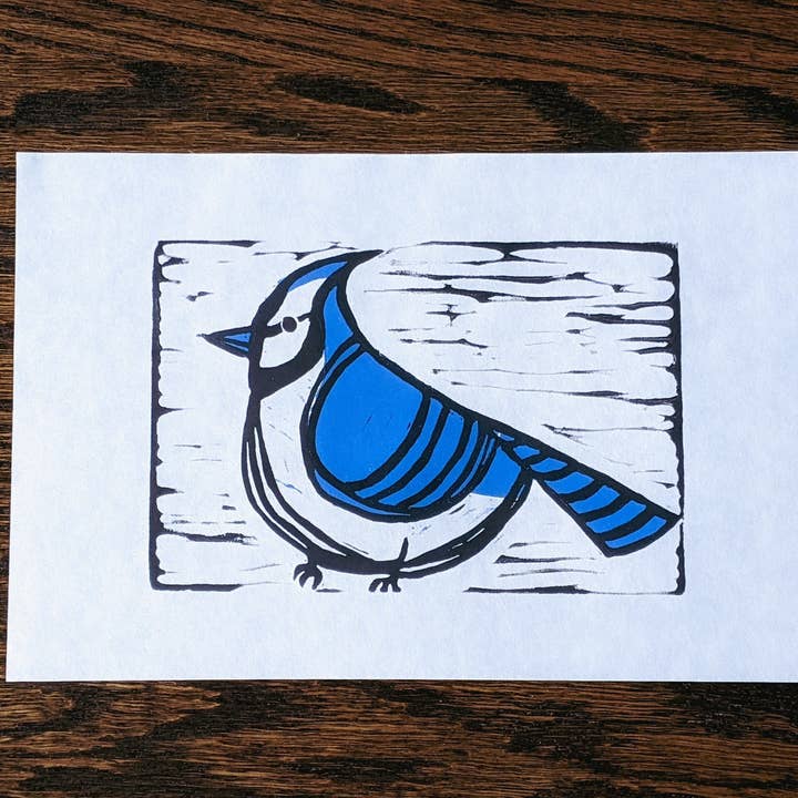 Blue Jay Linocut Print: Original Lino Print Art (8x10") for wholesale by Jenna Smith
