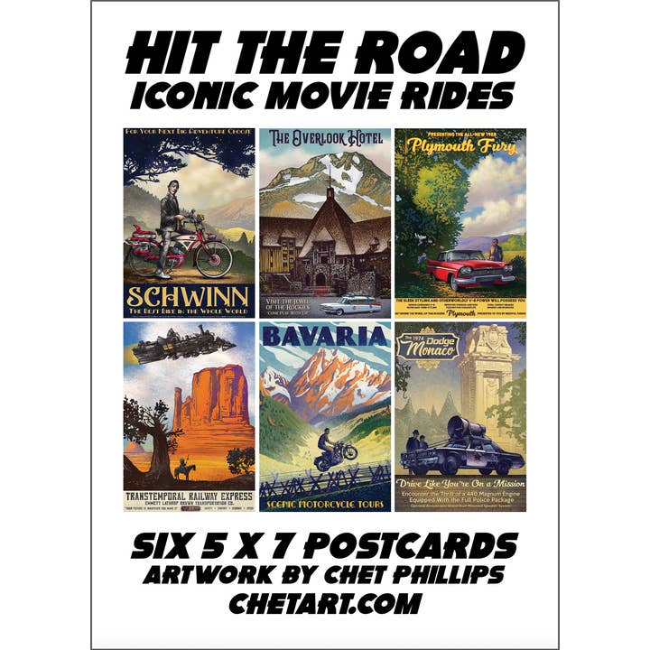 ChetArt - Wholesale Postcard Set - Hit the Road: Iconic Movie Rides Postcard Set