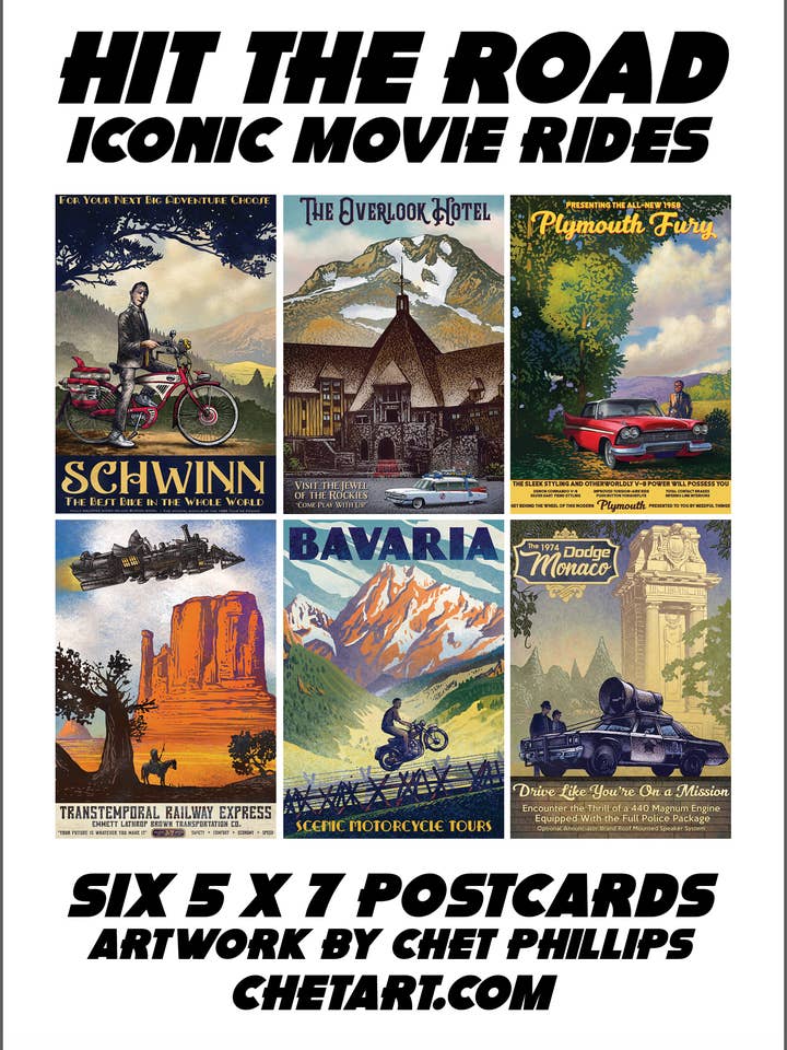 Hit the Road: Iconic Movie Rides Postcard Set for wholesale by ChetArt
