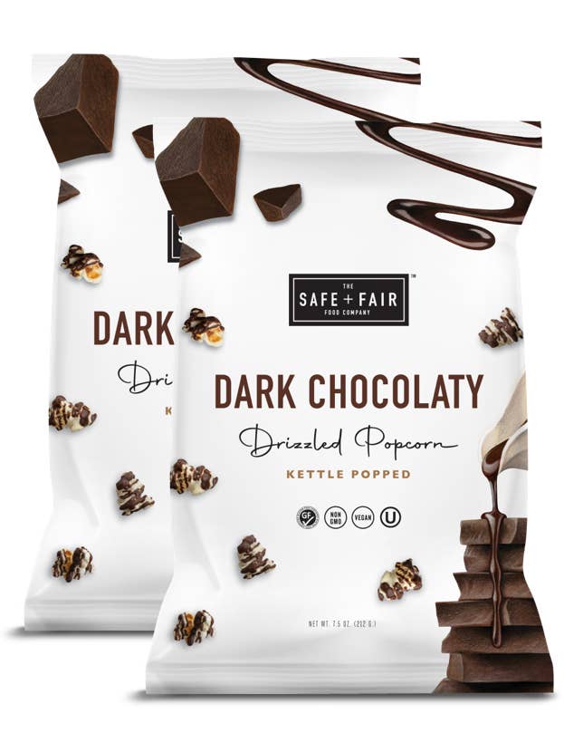 Dark Chocolaty Drizzled Popcorn Pack for wholesale by The Safe + Fair Food Company