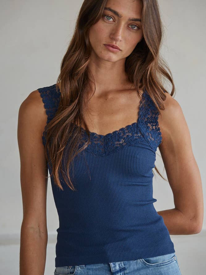 S1217N | Knit Seamless Ribbed Tank Top with Lace Trim for wholesale by By Together