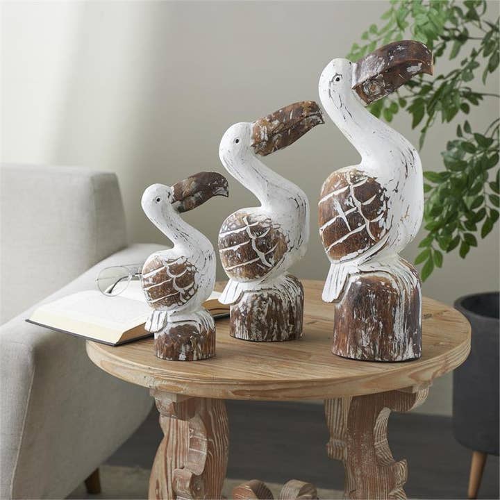 Wood Pelican on Stump with White Washed Finish - Set of 3 for wholesale by Will's Company