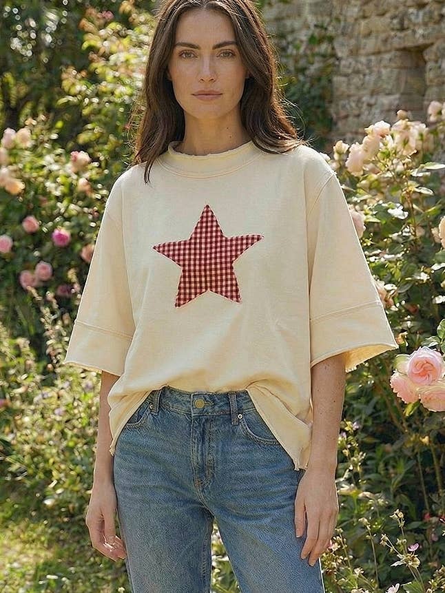 PLUS FRENCH TERRY TOP WITH STAR GINGHAM PATCHWORK for wholesale by Kori America