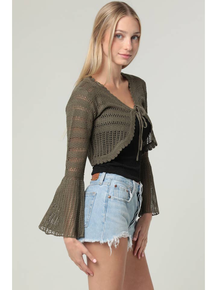 ANGIE - Wholesale Knit Sweater - Women's - XHQ87-ASIS FLARE SLEEVE TIE FRONT CROP CROCHET CARDIGAN