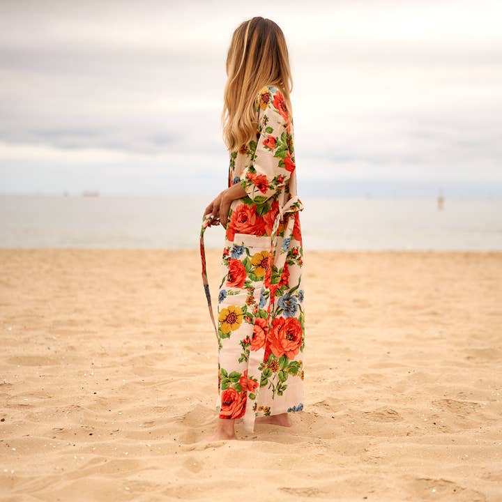 Linen Connections - Wholesale Robe - Women's - Cotton Kimono Bathrobe Frida Waffle Robes Cream Floral Print