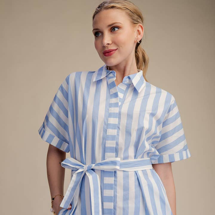 Collar Neck Button-Up Shirts Waist Tie Mini Dress for wholesale by Glam