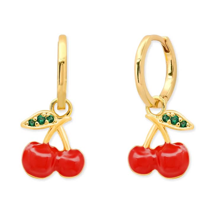 Red Enamel Cherry Drop Huggies for wholesale by Tai Jewelry