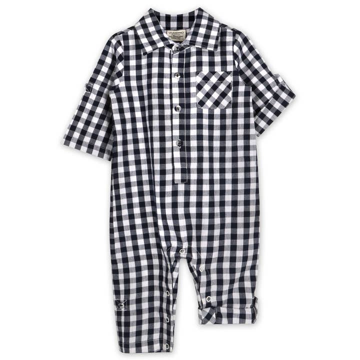 Cambridge Gingham Baby Romper (Organic Cotton) for wholesale by Viverano Organics
