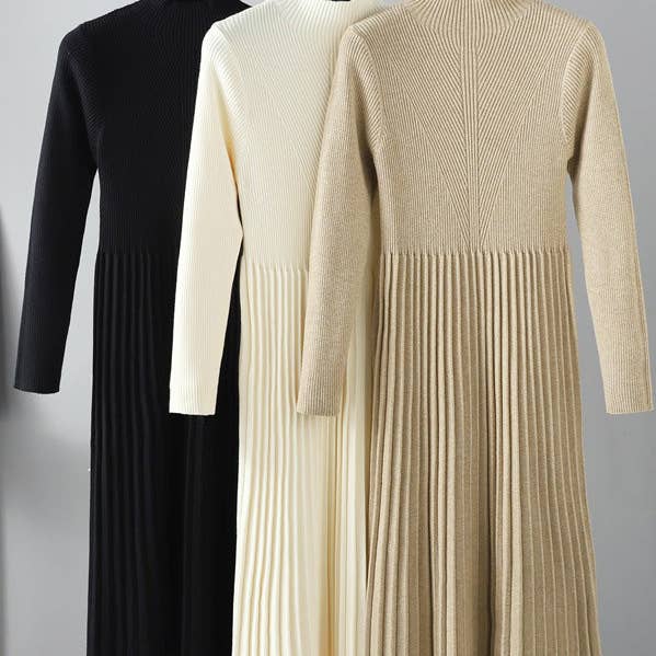 Stylish Long Sleeves High Waisted Pleated Solid Color Half Turtleneck Sweater Dresses for wholesale by kycozy