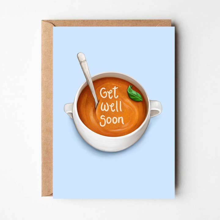 Get Well Soon Soup Themed Greeting Card for wholesale by Katie Tinkler illustration