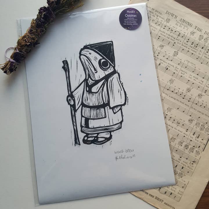 Iwana bōzu lino print for wholesale by Minifi's Oddities