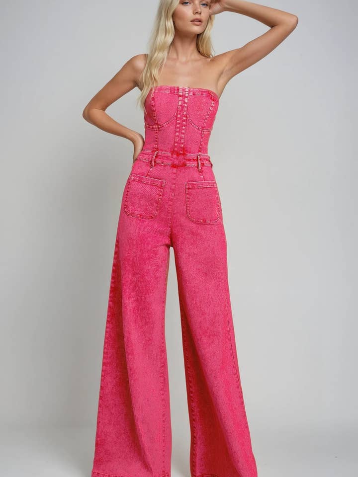 BOHO MINERAL WASH WEIT GESCHNITTENER DENIM-JUMPSUIT 4406 für den Großhandel von WISTERIA LANE