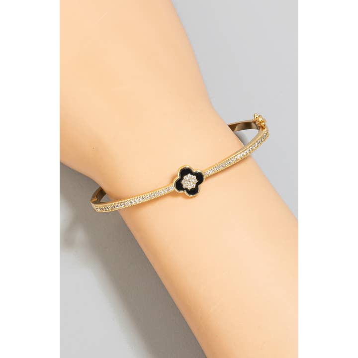 The Looks by Fame Accessories - Wholesale Bangle Bracelet - Gold Dipped Cz Pave Row And Clover Hinge Bangle Bracelet