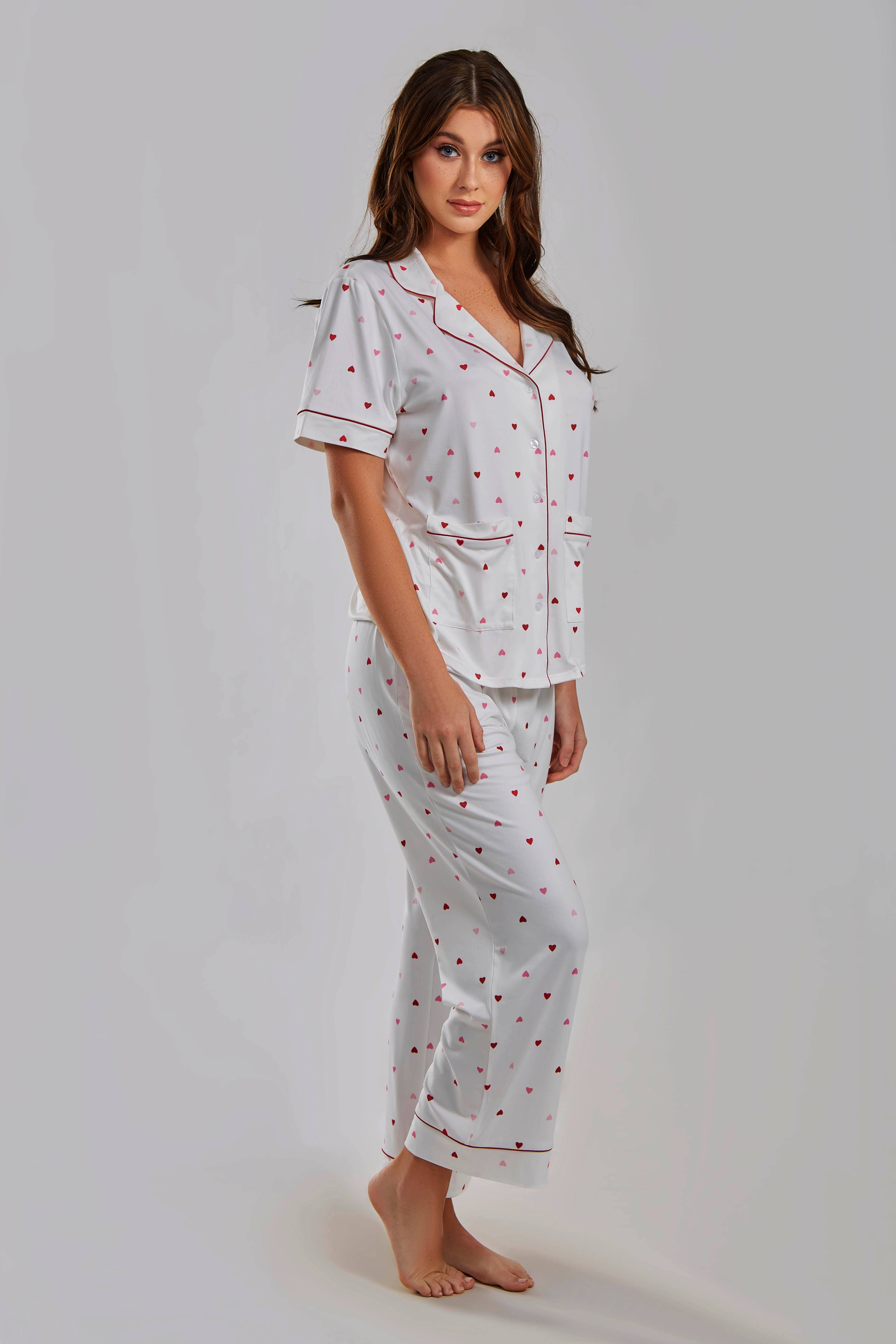 Blanc-Rouge Ensemble pyjama en tricot à col cranté Angela Heart pour femme en vente sur Faire5