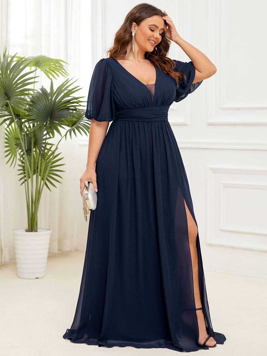 Ever-Pretty - Wholesale Gown - Women's - Plus Deep V Neck A Line Half Puff Sleeves Bridesmaid Dress8