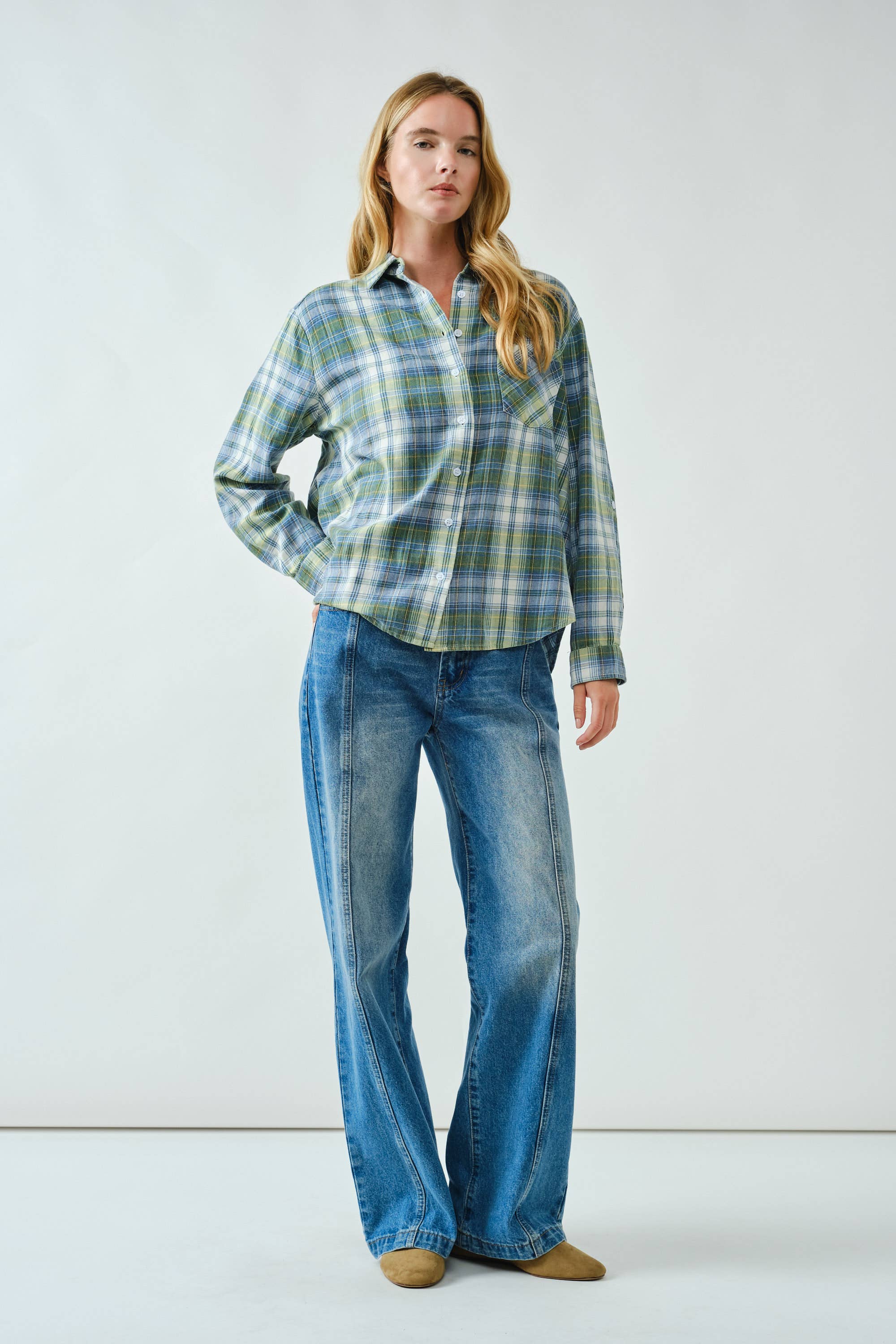 Aaron & Amber - Wholesale Button Down Shirt - Women's - AJT5465 SUPER SOFT WASHED COTTON PLAID SHIRTS	8