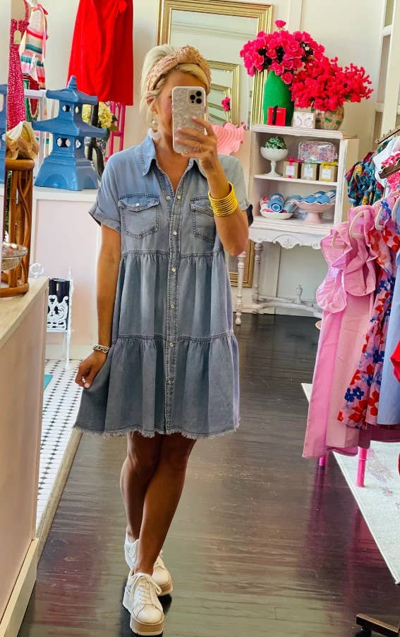 TIERED BUTTON DOWN DENIM DRESS for wholesale on Faire