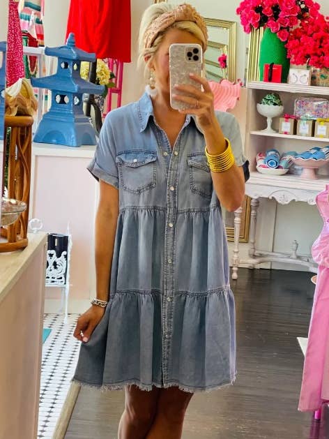 TIERED BUTTON DOWN DENIM DRESS and other Purchase Wholesale chambray dress. Free Returns & Net 60 Terms on Faire trending on Faire.