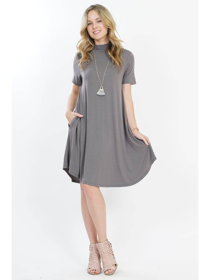 42POPS - Wholesale Dress - Women's - ....SI-10317 Mock Neck Short Sleeve Pocket Dress