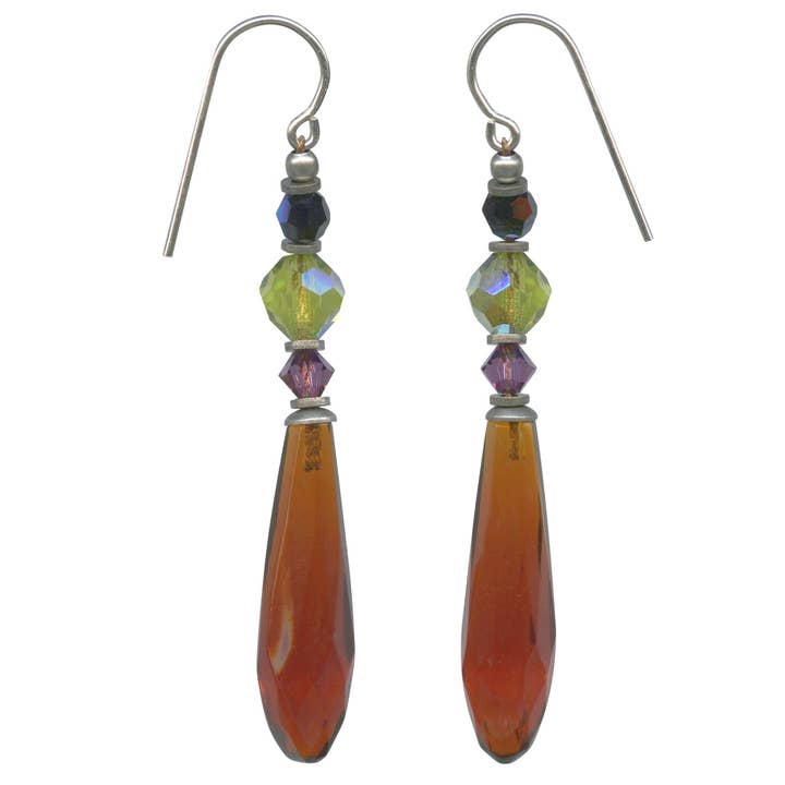 495 - DARK TOPAZ PRISM EARRINGS, AUSTRIAN CRYSTAL ACCENTS for wholesale by Owen Glass Collection