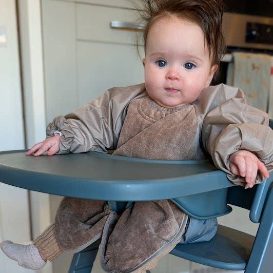 Taupe towel long sleeve high chair hugger bib for wholesale by Silly Billyz