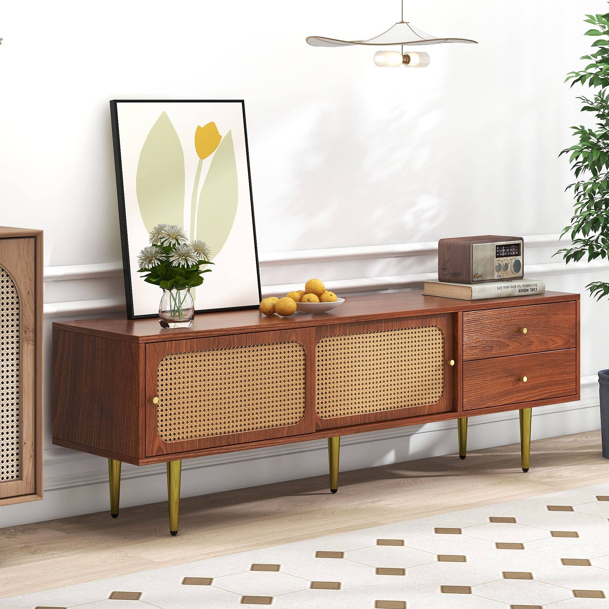 Urban Meuble - Wholesale Console Table - Dark wood effect rattan TV stand with 2 sliding doors, 2 drawers, and gold legs IZEID19