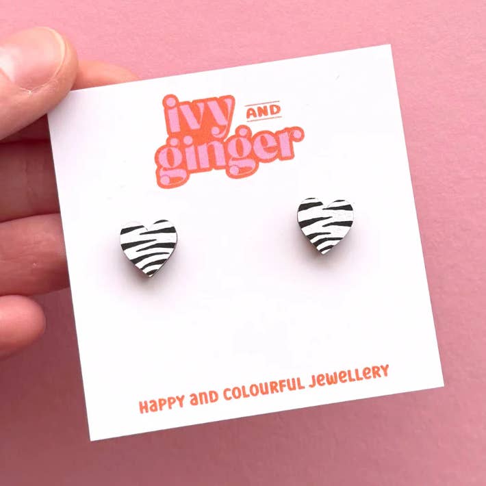Mini zebra print heart stud statement wooden earrings for wholesale by ivy and ginger