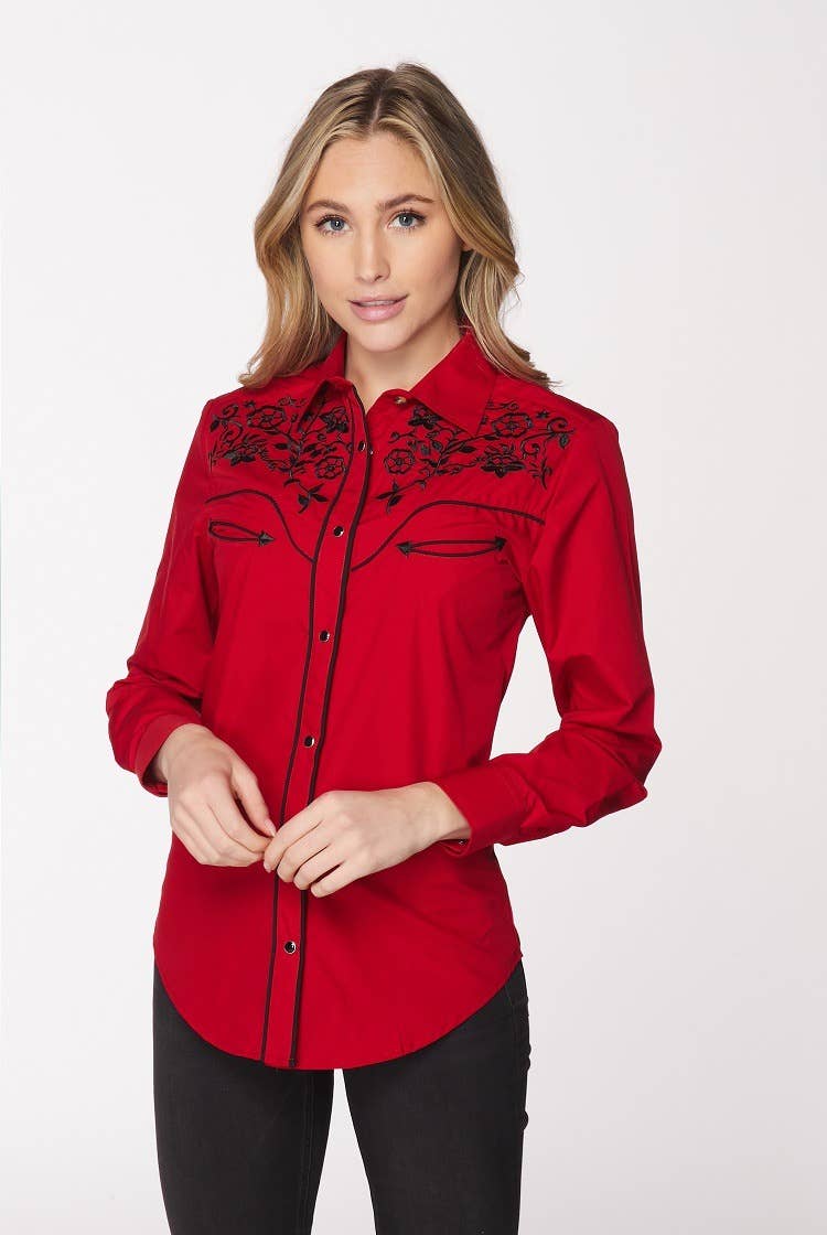 Rodeo Clothing - Vente Chemise à col boutonné – femme - Robe brodée à manches longues d'inspiration western pour femmes18