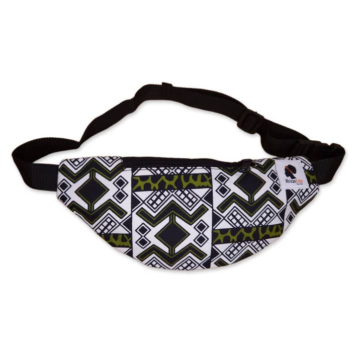 AfricanFabs – Engroshandel Bæltetaske - Unisex – Afrikansk Print Bæltetaske - Hvid / Grøn bogolan - Ankara Taljetaske / Bæltetaske / Festival Taske med Justerbar rem