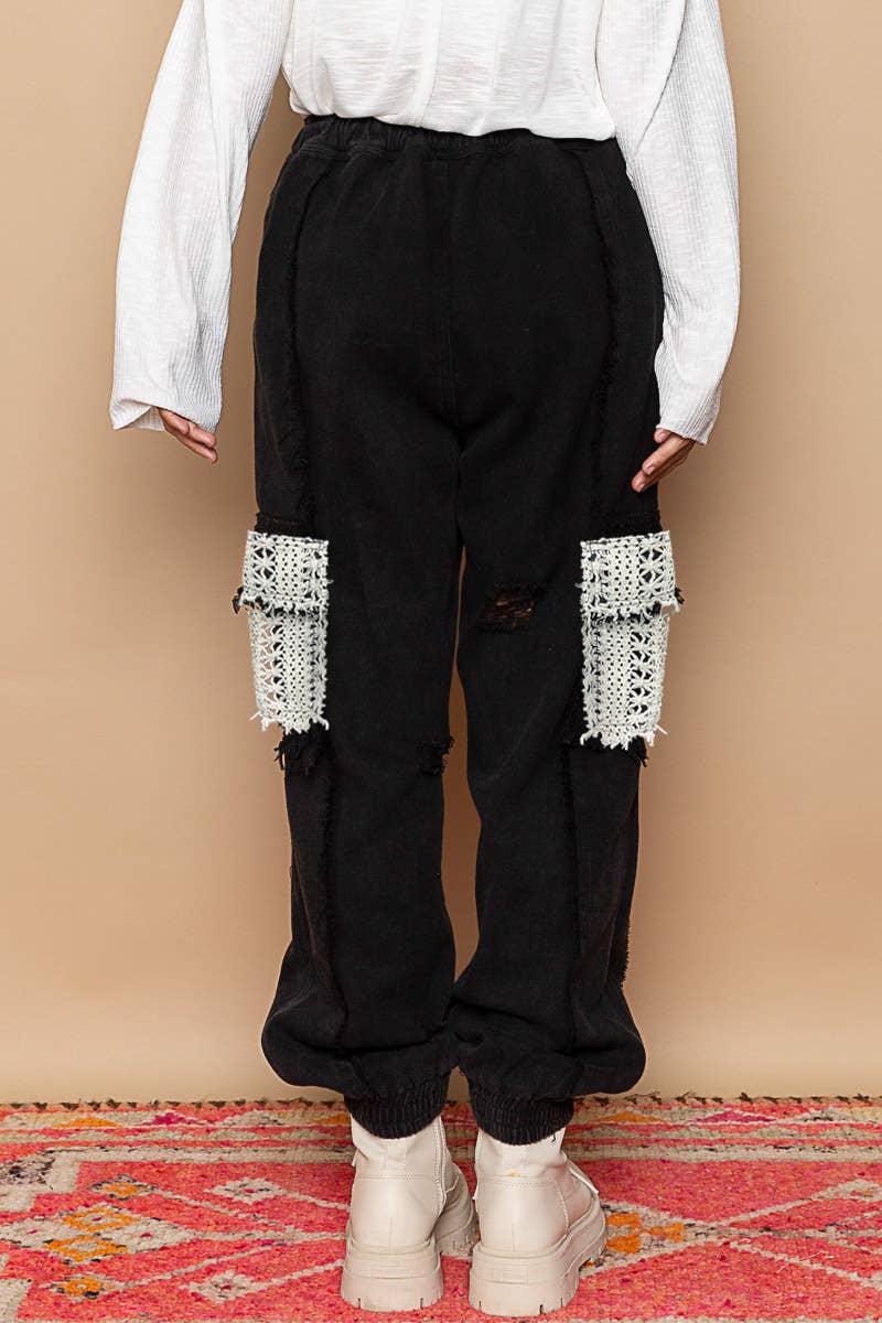 Pol Clothing - Wholesale Jeans - Women's - Tie waistband contrast crochet cargo pockets denim joggers35