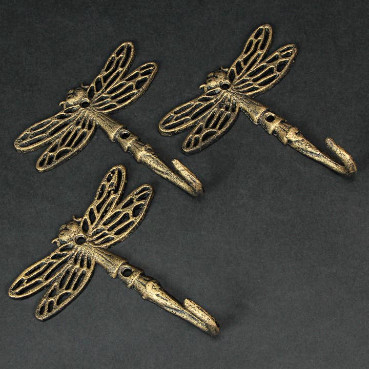 Zeckos - Wholesale Wall Hook - Antique Gold Cast Iron Dragonfly Wall Hook Decor Set of 34