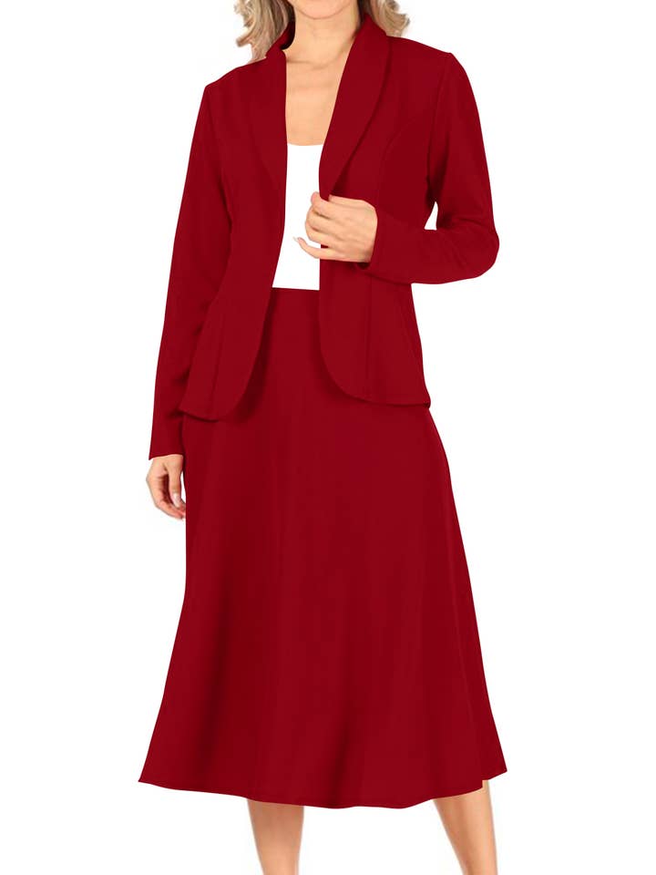 MOA COLLECTION - Wholesale Top & Skirt Set - Women's - Women's Two Piece Casual Blazer Relaxed A-Line Midi Skirt4