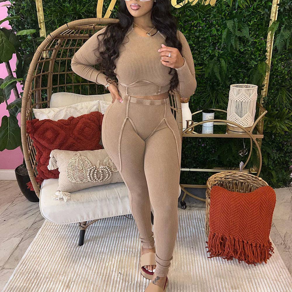 MB Fashion Wholesale - Vente Ensemble haut et pantalon (PAS d'intérieur) - Femme - Haut court côtelé et leggings taille haute de haute qualité MB FASHION 4043LY6