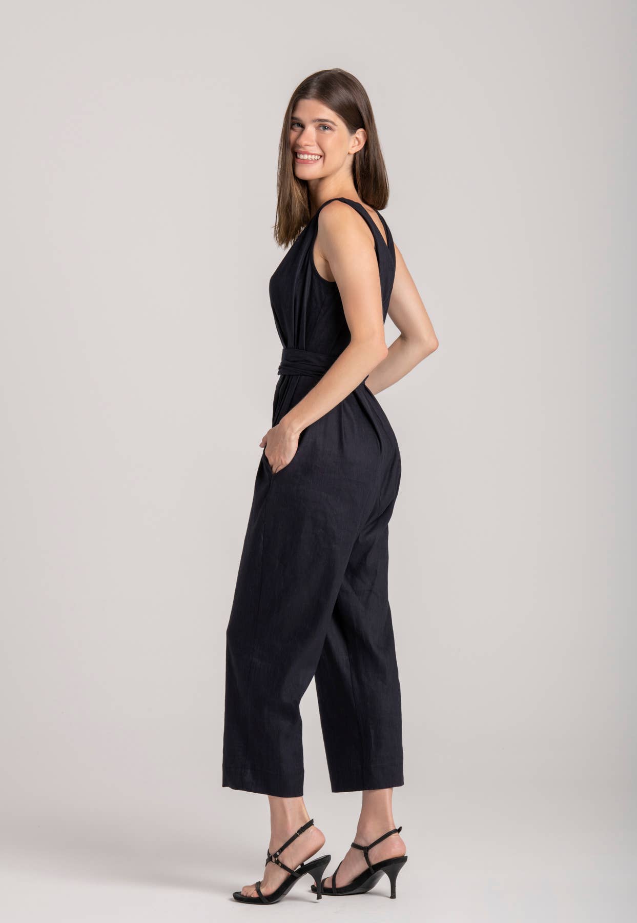BLACK TITAN LINEN JUMPSUIT for wholesale on Faire2