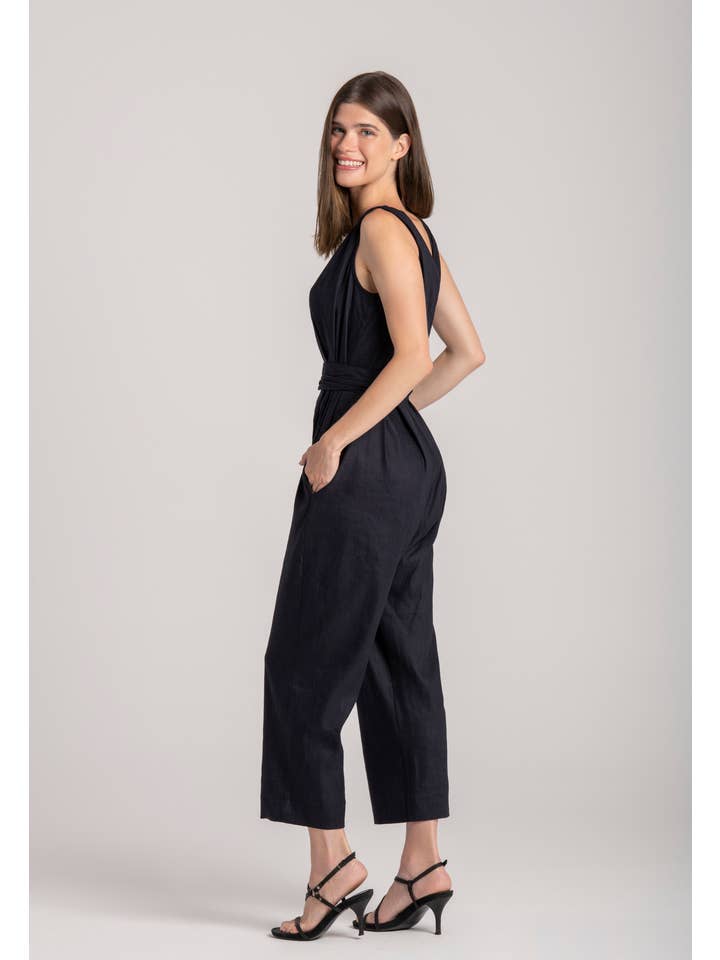 BLACK TITAN LINEN JUMPSUIT for wholesale on Faire2
