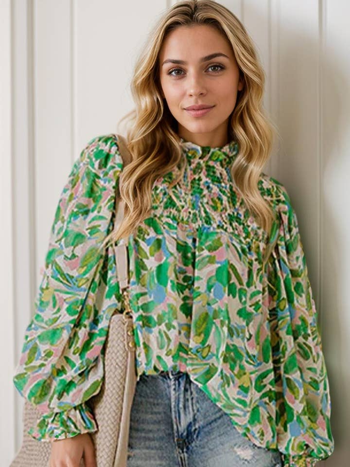 Leafy Printed Flounce Sleeve Shirred Mock Neck Blouse for wholesale by PartyEight