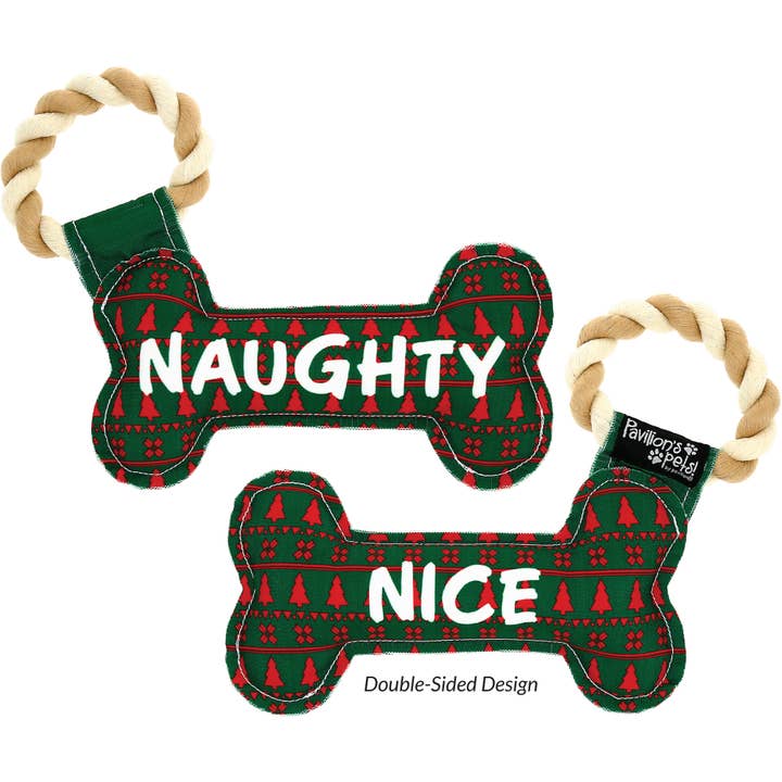 Naughty or Nice - 11" Canvas Dog Toy on Rope for wholesale by Pavilion