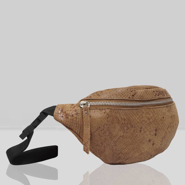 Assots London - Wholesale Belt Bag - Women's - 'NOAH' Tan Snake Leather Bum Belt Bag