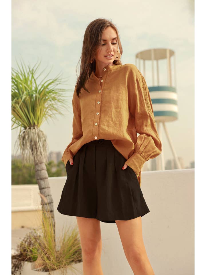 Frieeah - Wholesale Button Down Shirt - Women's - Helen | Flax-Linen Oversized Button-Up Shirt