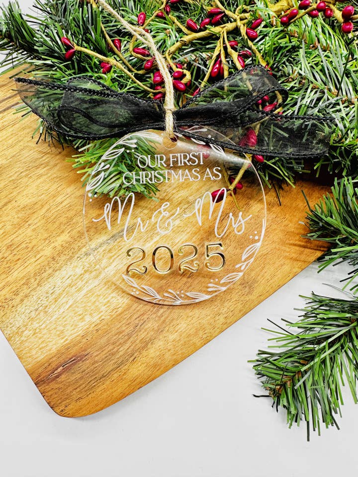 First Christmas Married Ornament, Christmas 2025 for wholesale by Falcon Ridge Designs LLC
