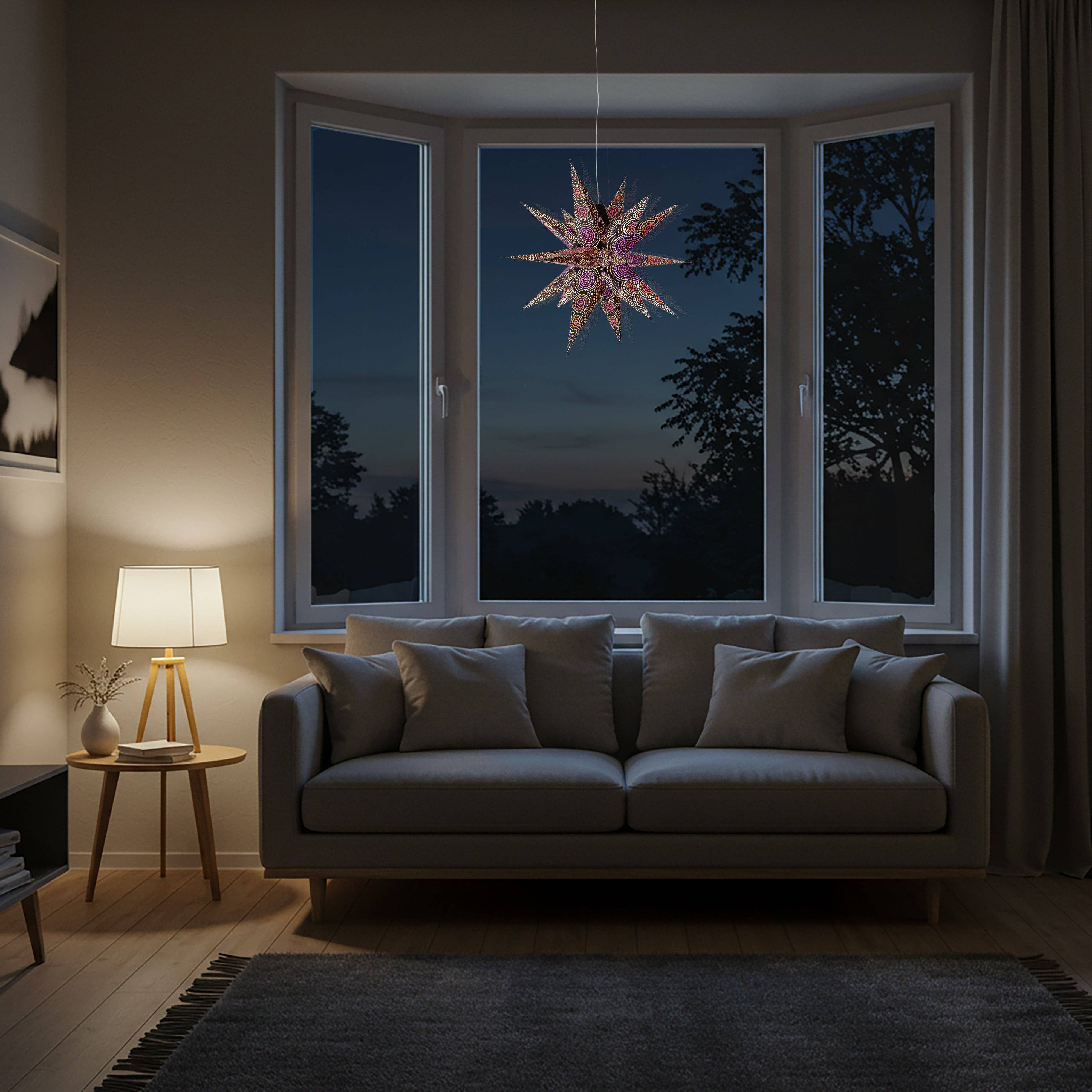 Artschatz LLC – wholesale Paper lantern/lamp – Kaleidoscope Moravian Star 24" black with yellow / orange and orange / red / purple tissue4