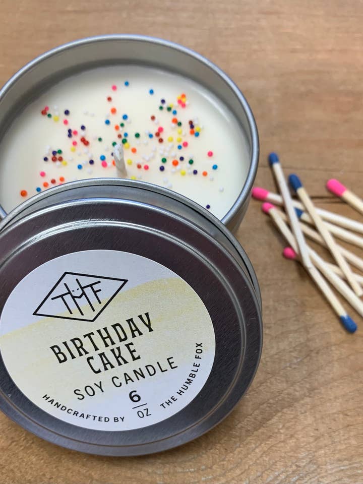 Birthday Cake Soy Candle - 6oz Tin for wholesale by The Humble Fox Candle Co.