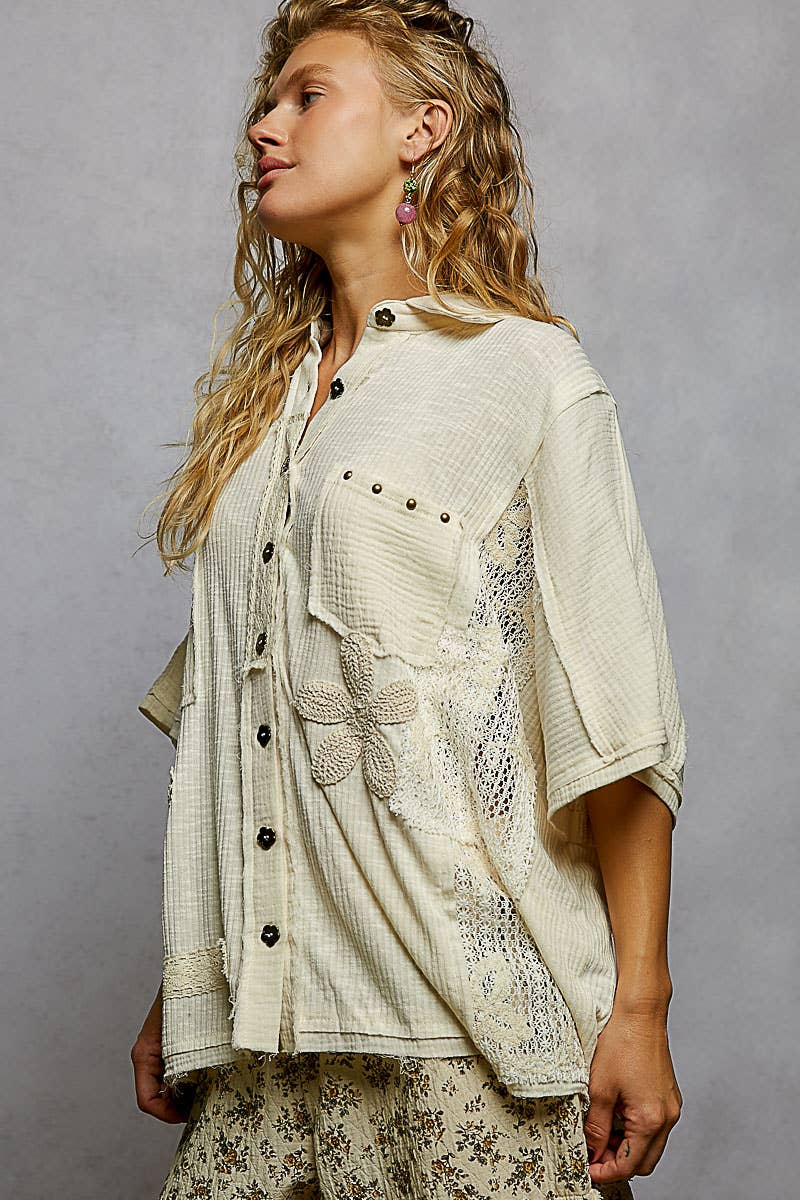 Pol Clothing - Wholesale Button Down Shirt - Women's - Collared Studded Button-down Short Sleeve Knit Shirt Top30