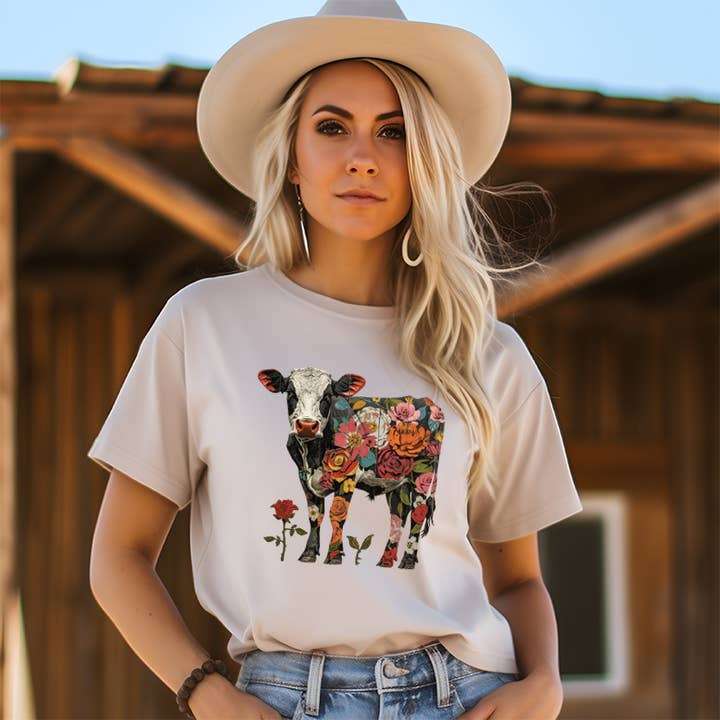 LaLaSista - Wholesale Screen Printed T-Shirt - Women's - COW IN FLOWER WESTERN GRAPHIC TEE