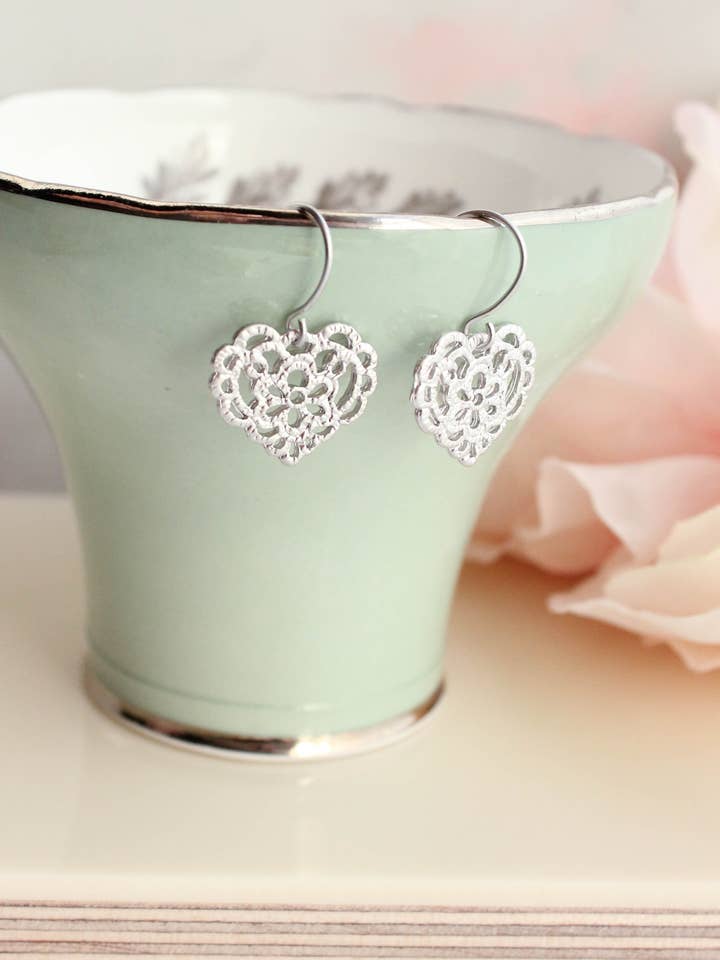 Little Heart Earrings - Silver Lace Filigree for wholesale by A Pocket of Posies