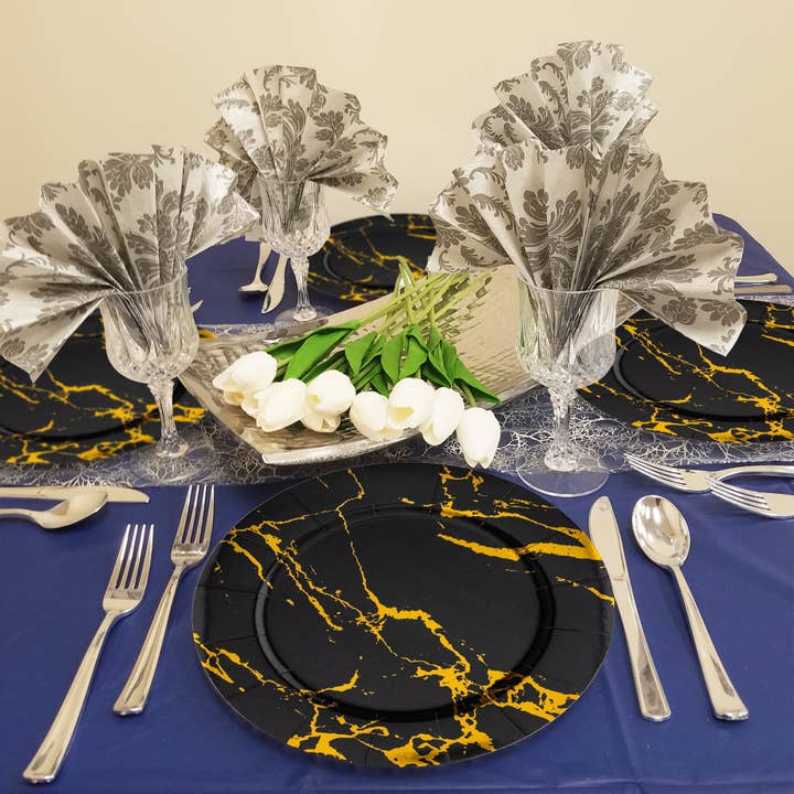 Smarty had a Party - Wholesale Disposable plate - 13" Black w/ Gold Marble Round Paper Charger Plates - 10 pcs8